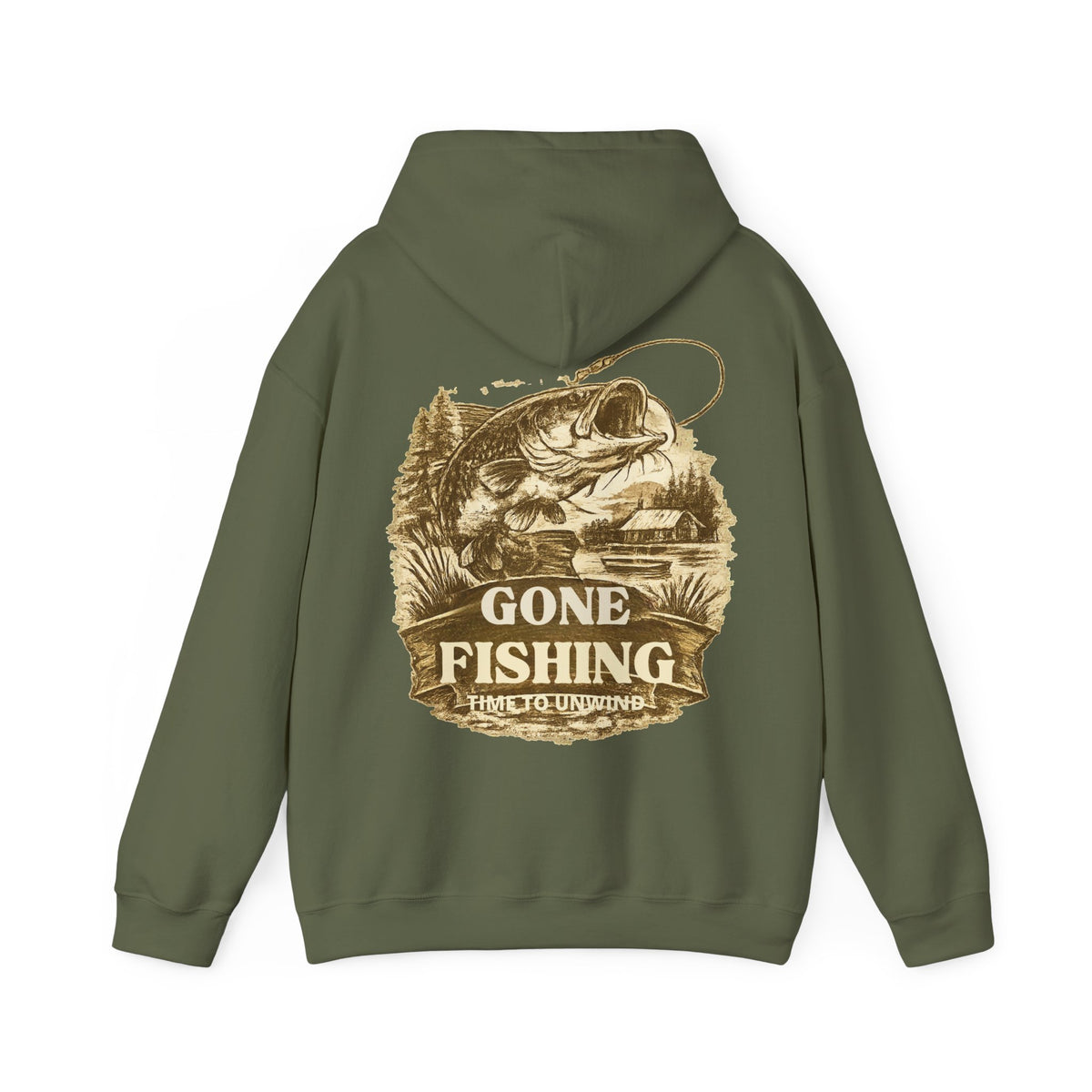 Gone Fishing Hoodie – Vintage Sepia Back Print Fishing Hoodie