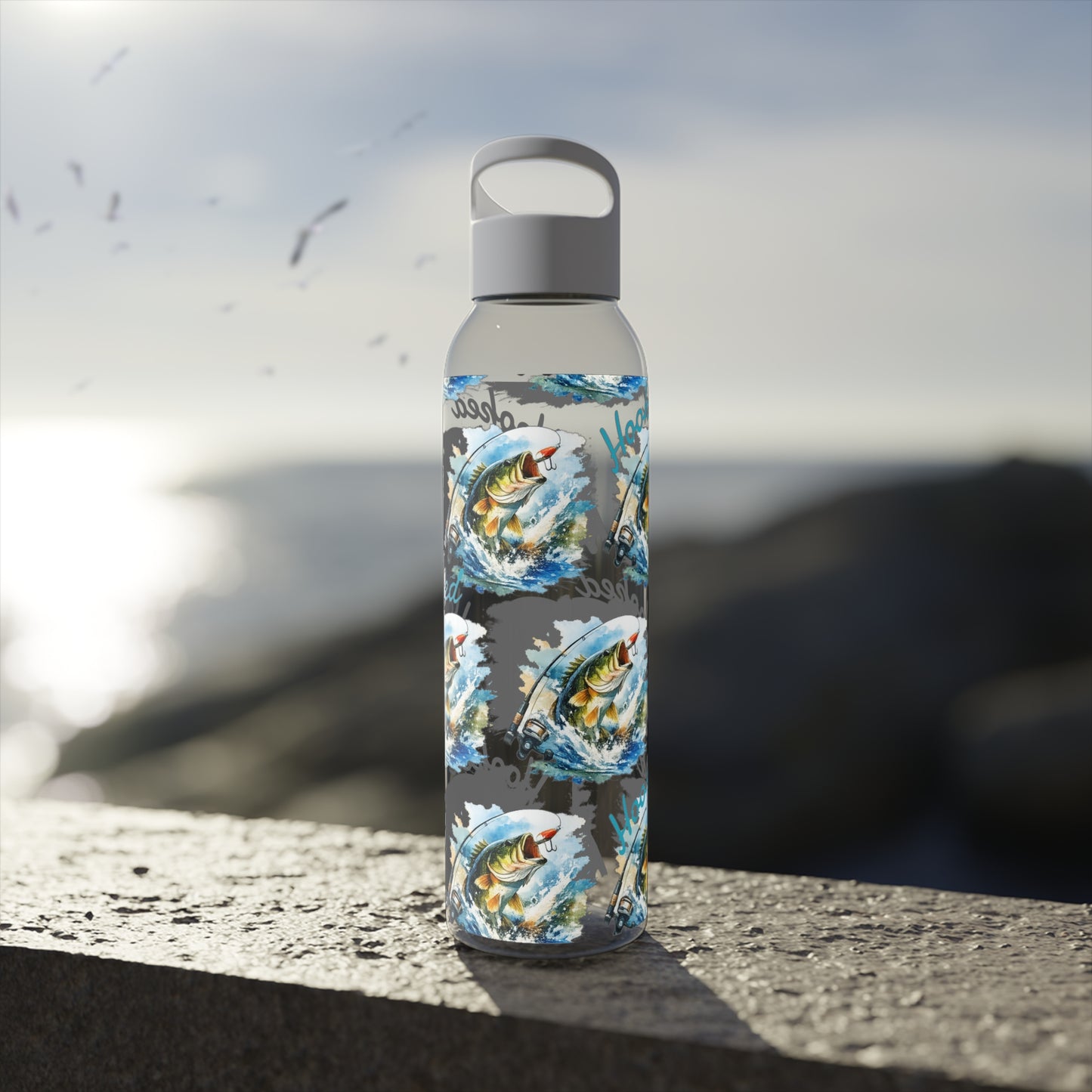Bouteille d'eau graphique de pêche, poisson accroché, éclaboussures, bouteille de boisson