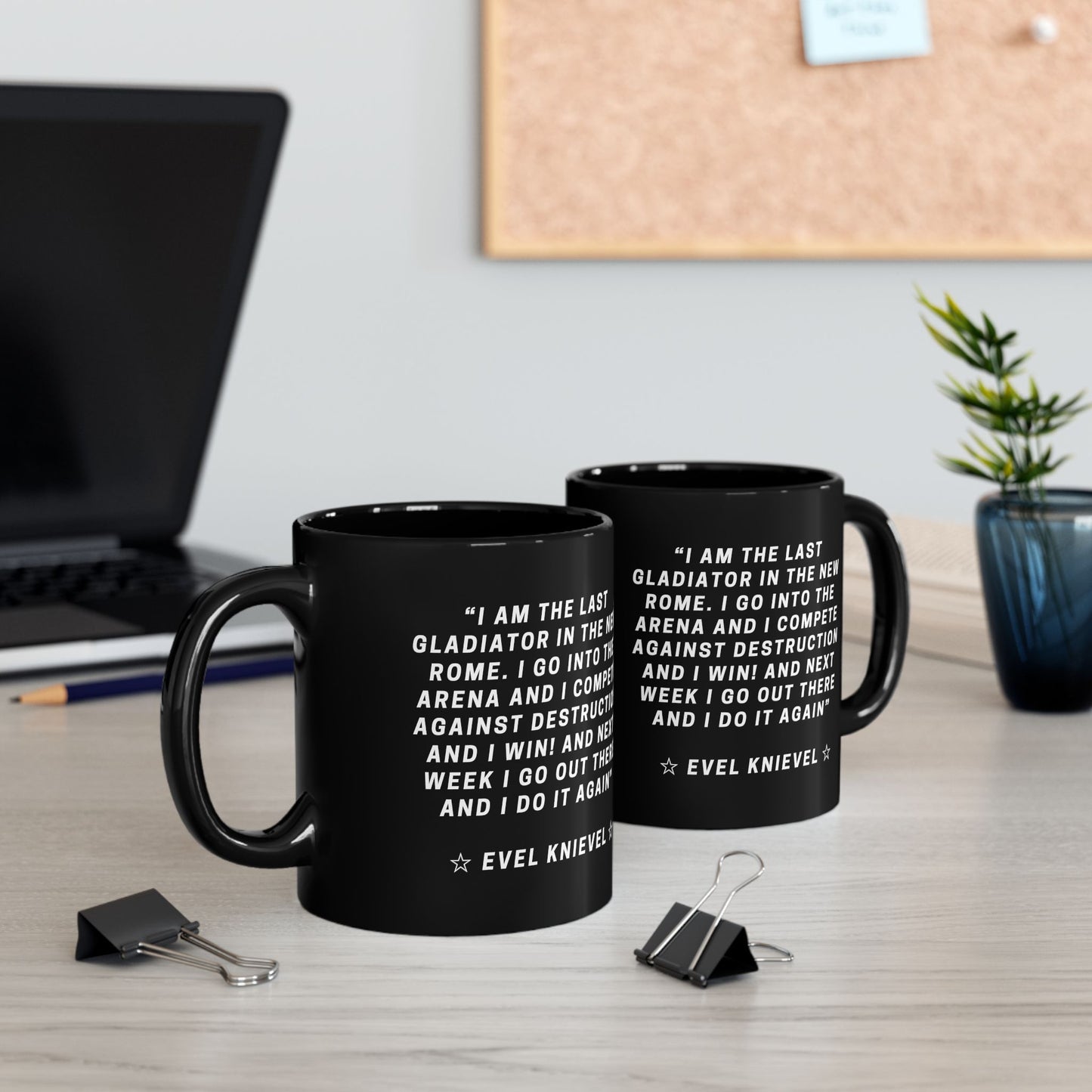 Evel Knievel Quote Black Coffee Mug   Inspirational Stunt Rider Tribute