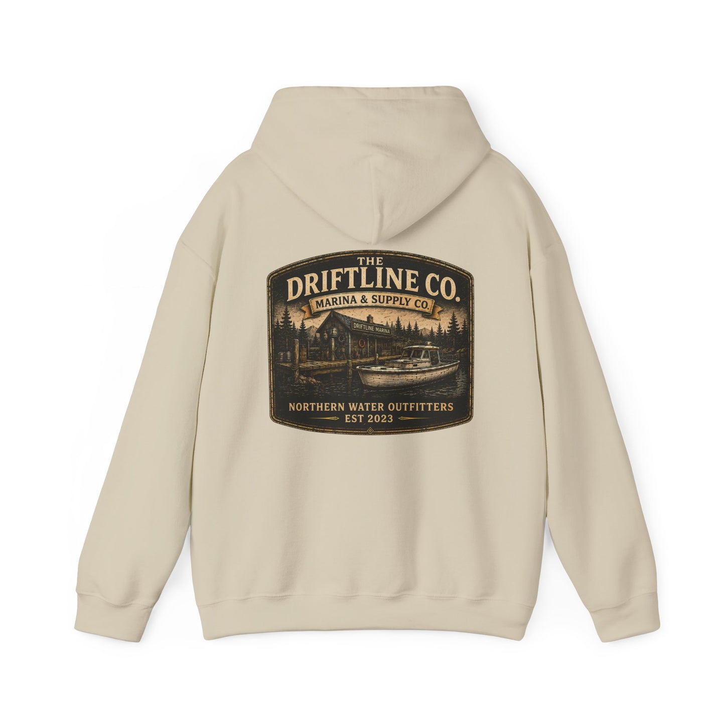The Driftline Company Marina & Supply Co. Northern Water Outfitters Premium Hoodie | Fishing & Boating Hoodie