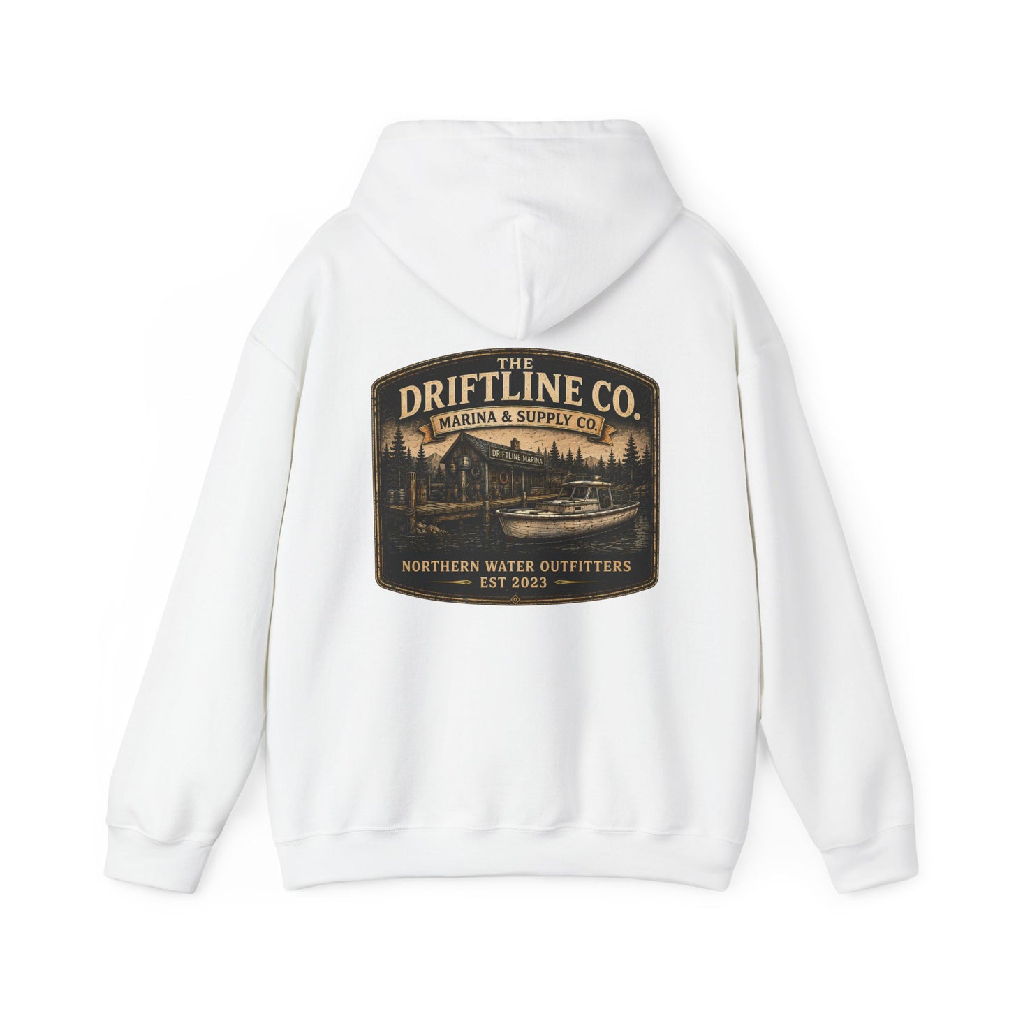 The Driftline Company Marina & Supply Co. Northern Water Outfitters Premium Hoodie | Fishing & Boating Hoodie