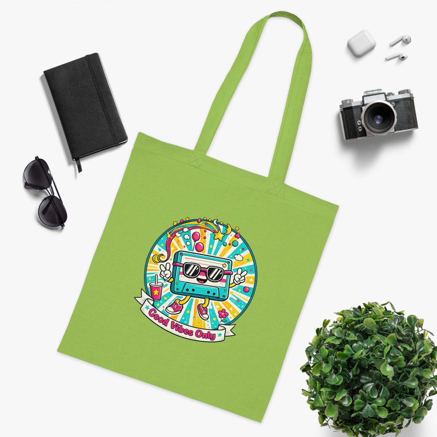 Retro Good Vibes Only Tote Bag | Colourful Cotton Shopping Bag | Reusable Retro Tote | 80s and  90s Inspired Gift