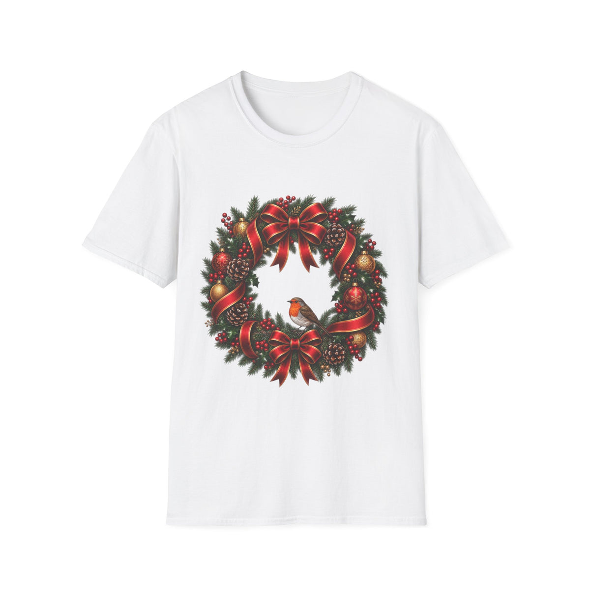 Christmas Wreath & Robin T-Shirt – Festive Botanical Tee