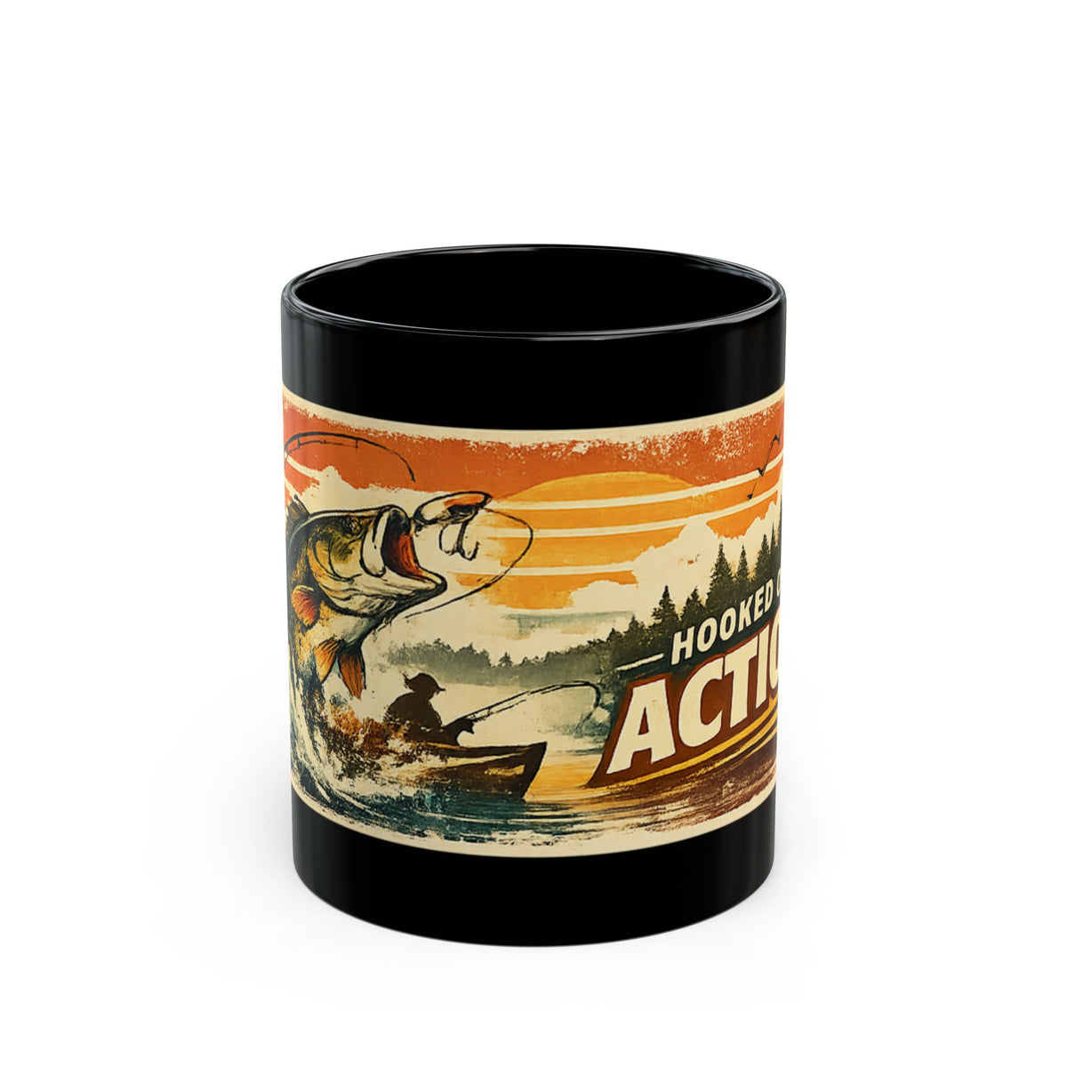 Hooked on Action Black Fishing Mug – Retro Angler Mug