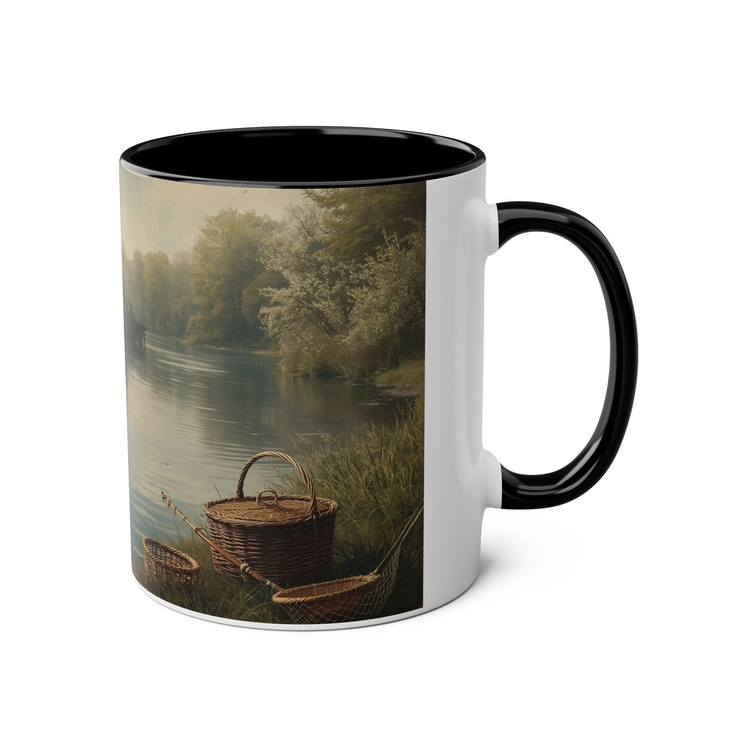 Two-Tone Coffee Mug -  Fishing Scene, with lifestyle Quote for Relaxation,