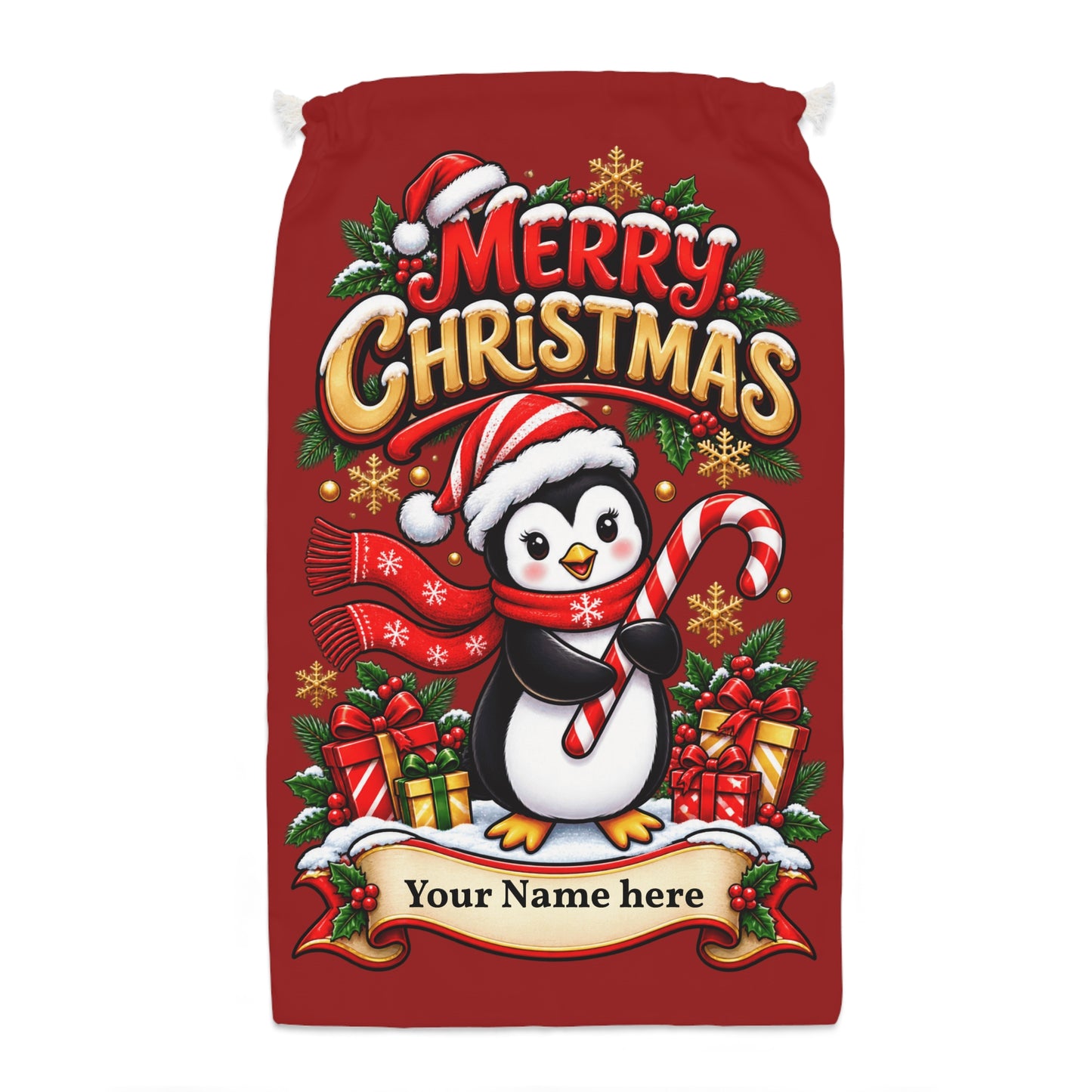 Personalised Penguin Christmas Gift Sack – Merry Christmas Santa Sack