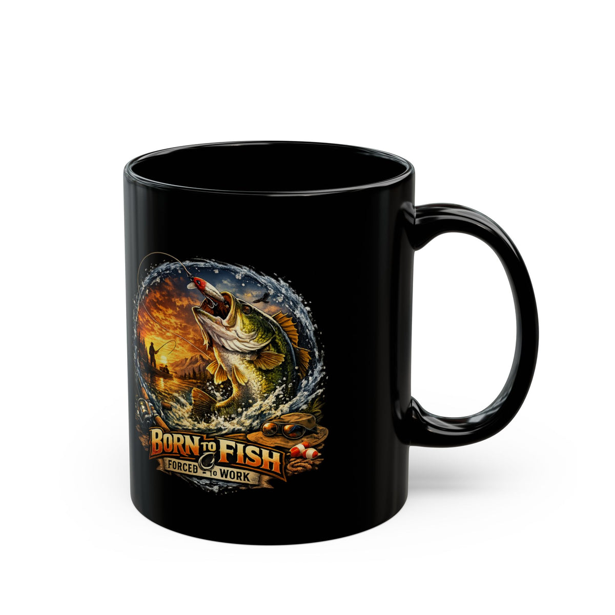 Born to Fish Forced to Work Black Mug – Angler Fishing Mug