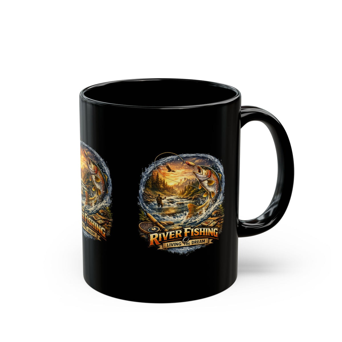 Keramiktasse Angeln am Fluss Lebe den Traum Kaffeetasse Schwarz (325 ml)