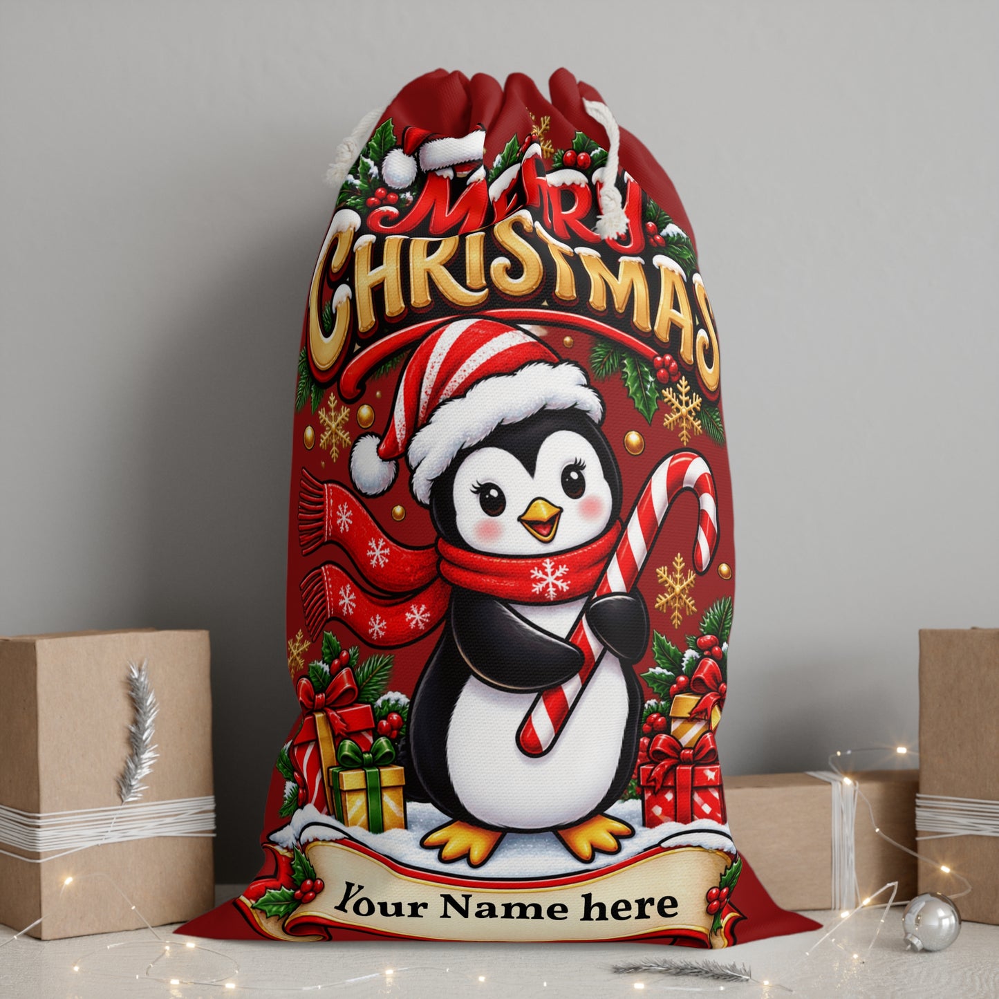 Personalised Penguin Christmas Gift Sack – Merry Christmas Santa Sack