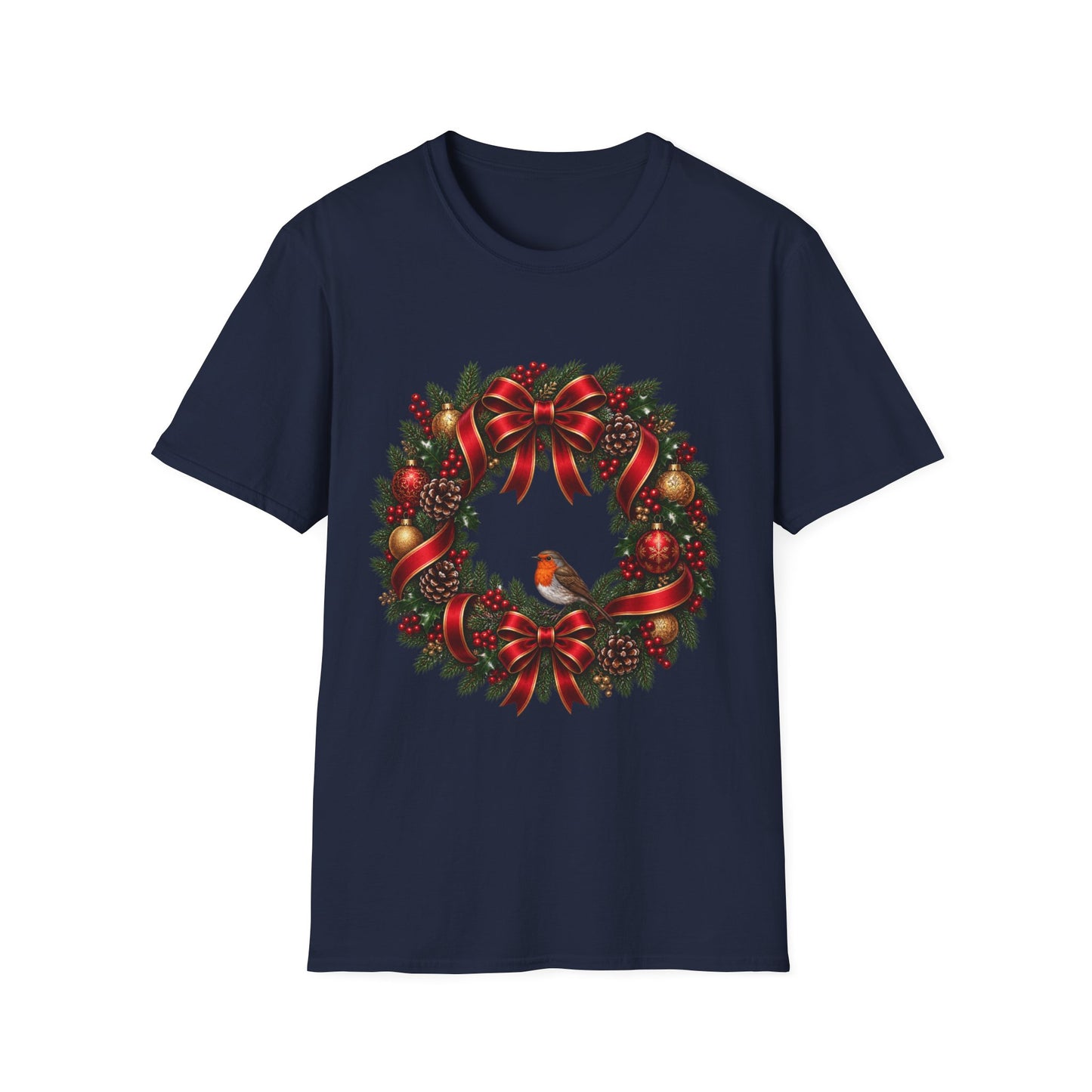 Christmas Wreath & Robin T-Shirt – Festive Botanical Tee
