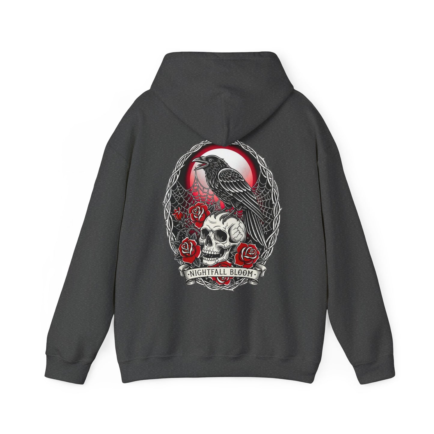 Nightfall Bloom Gothic Hoodie – Raven, Skull & Red Rose Halloween Hoodie