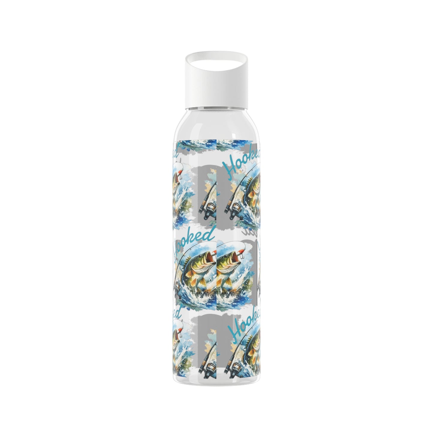 Bouteille d'eau graphique de pêche, poisson accroché, éclaboussures, bouteille de boisson