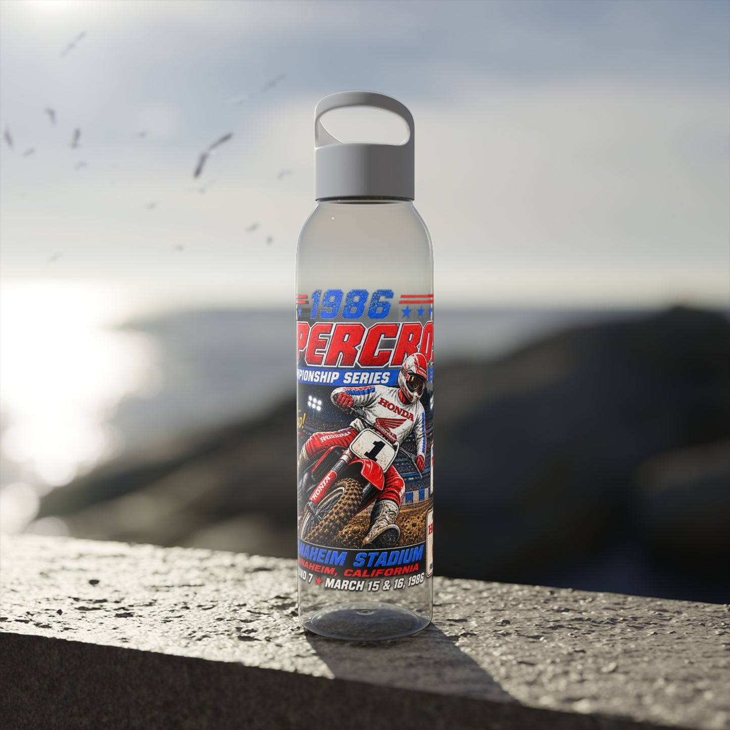 Supercross 1986 Moto Racing Water Bottle  Retro Motocross Champion Design