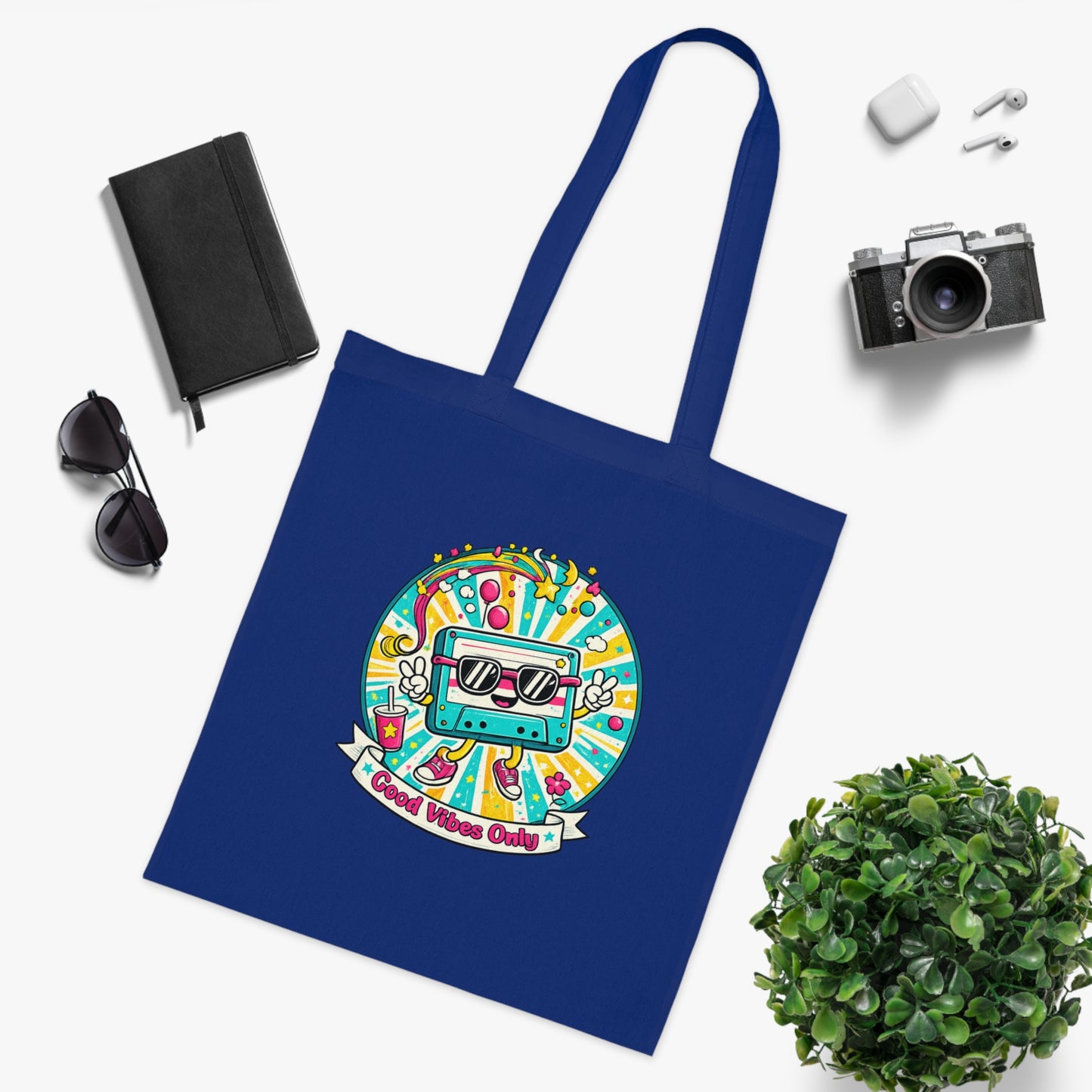 Retro Good Vibes Only Tote Bag | Colourful Cotton Shopping Bag | Reusable Retro Tote | 80s and  90s Inspired Gift