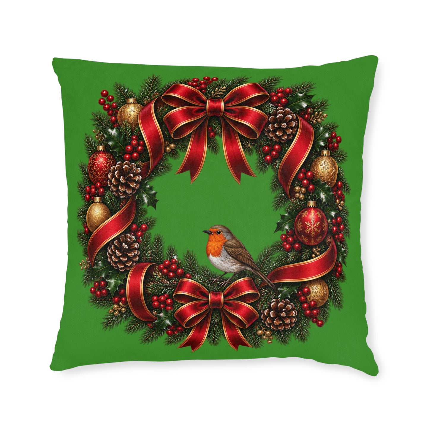 Christmas Wreath & Robin Faux Suede Cushion – Festive Christmas Cushion
