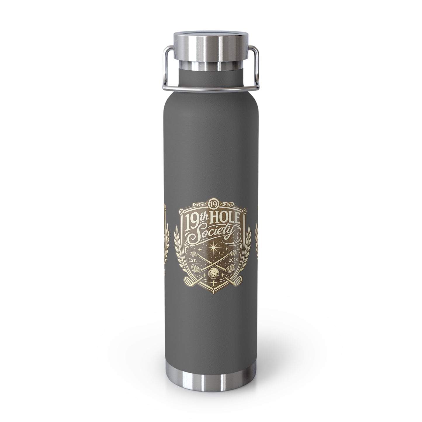 19th Hole Society Insulated Water Bottle | Bronze Crest Golf Flask | Premium Stainless Steel Drinkware