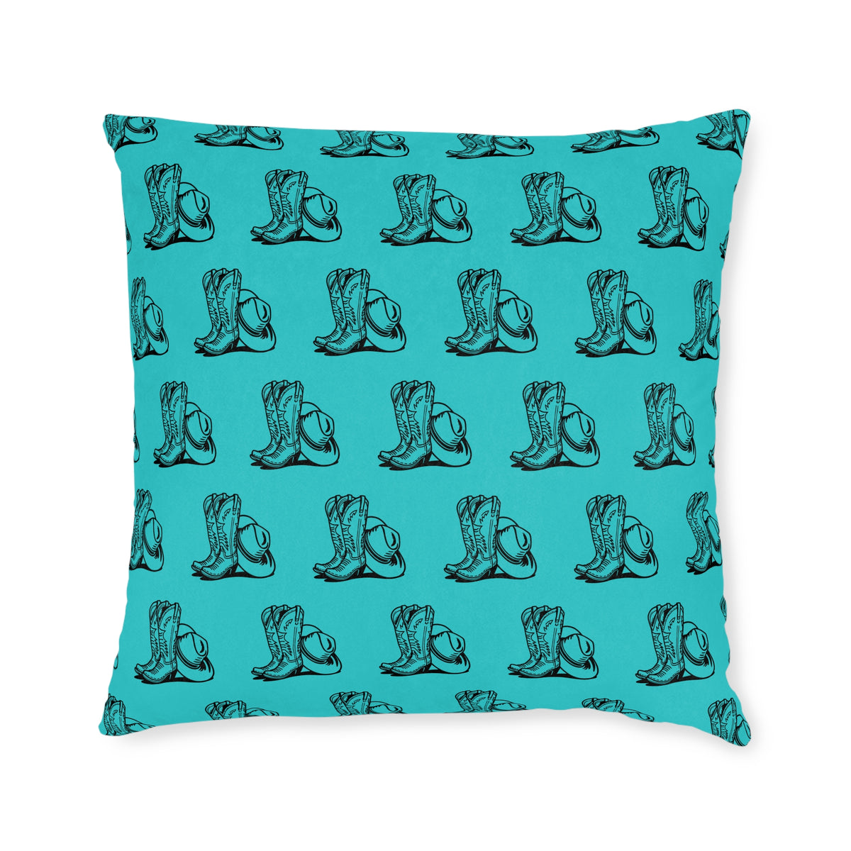 Teal Cowboy Boot Pattern Square Pillow — Western Accent Throw Pillow