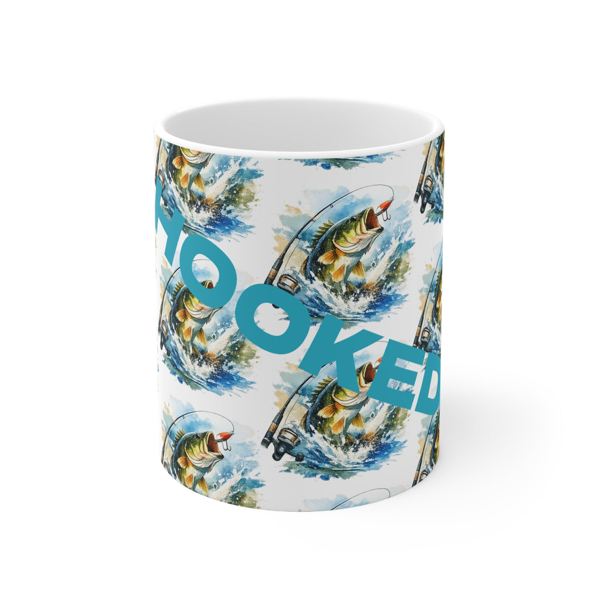 Mug en céramique avec leurre de pêche – Mug avec slogan "Accroché"