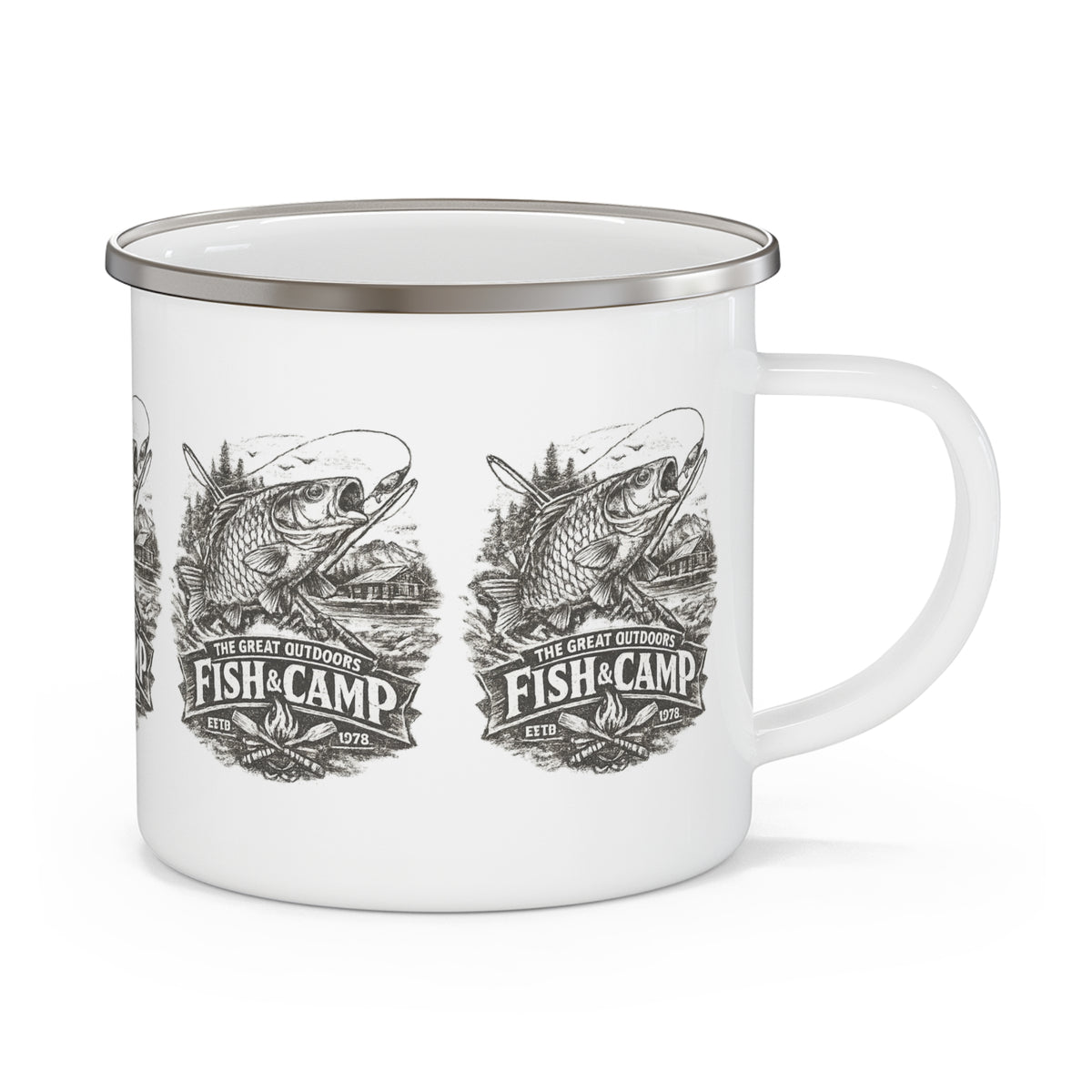 Tasse émaillée de pêche vintage Fish Camp