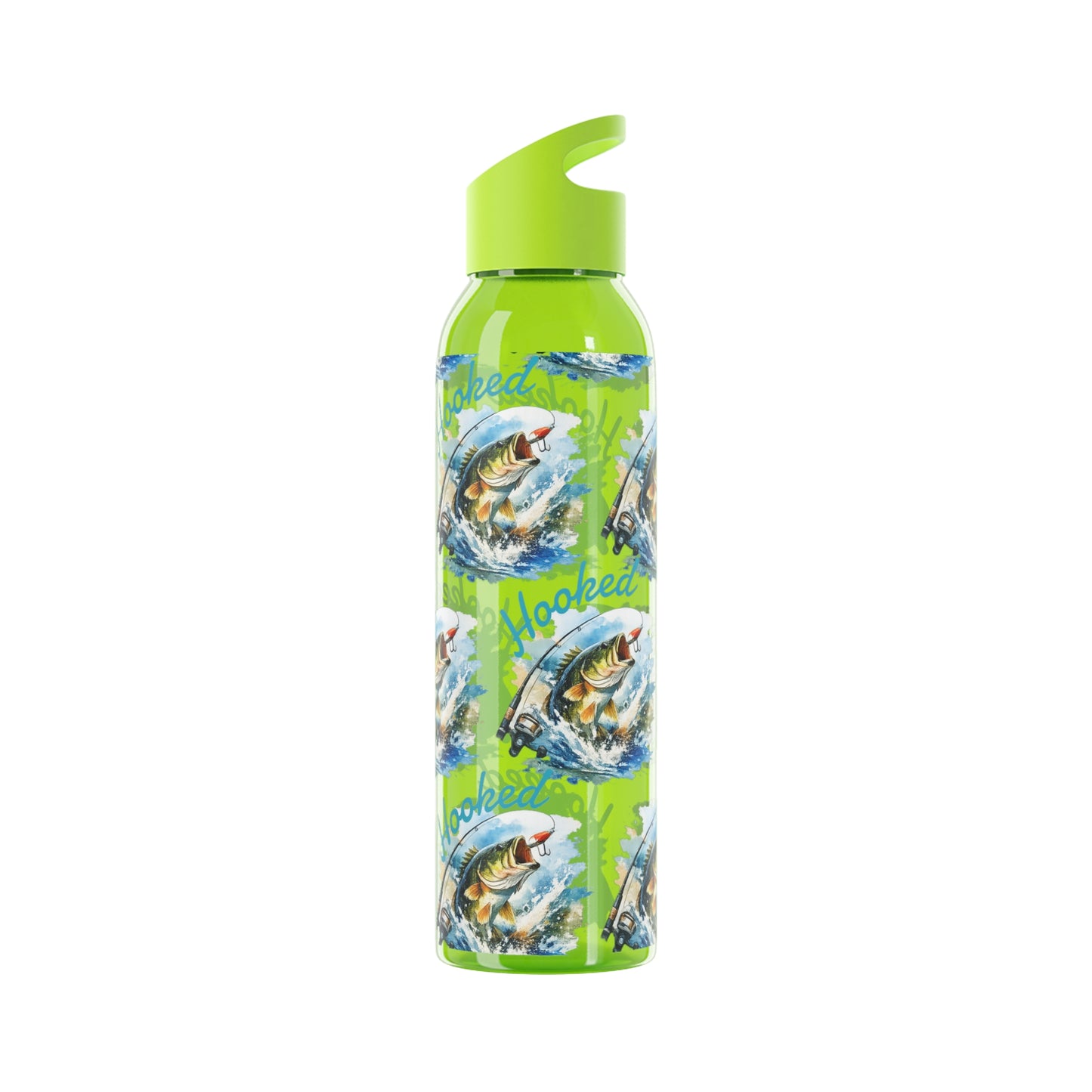 Bouteille d'eau graphique de pêche, poisson accroché, éclaboussures, bouteille de boisson