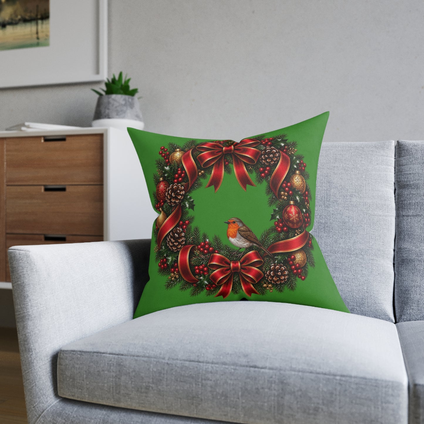 Christmas Wreath & Robin Faux Suede Cushion – Festive Christmas Cushion