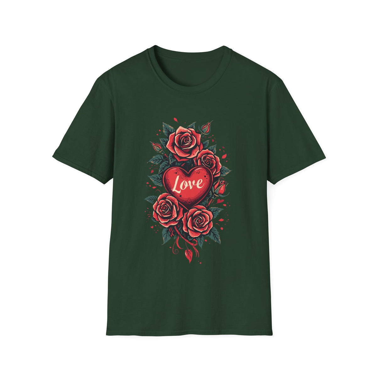 Rotes Rosenherz-T-Shirt mit floralem Tattoo-Motiv
