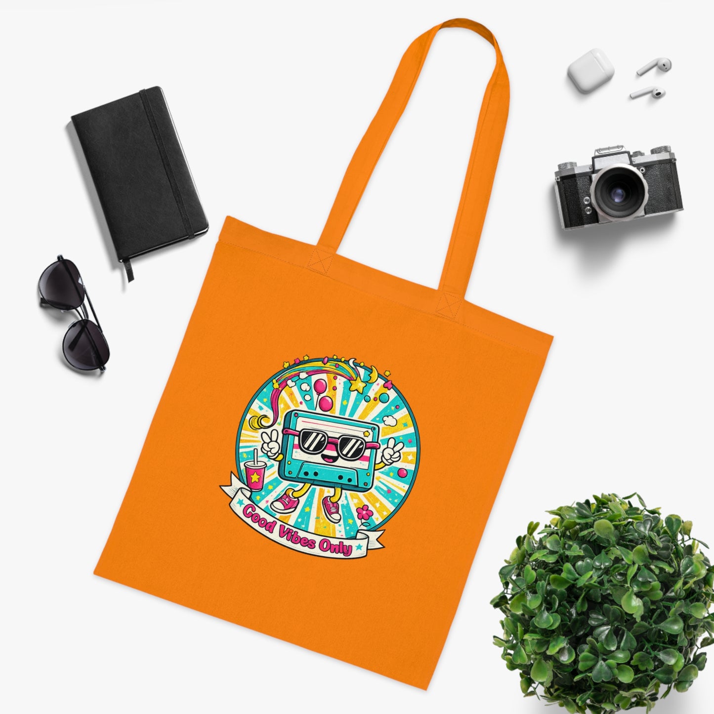 Retro Good Vibes Only Tote Bag | Colourful Cotton Shopping Bag | Reusable Retro Tote | 80s and  90s Inspired Gift