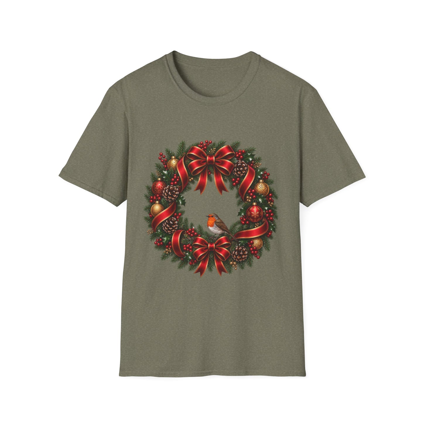 Christmas Wreath & Robin T-Shirt – Festive Botanical Tee