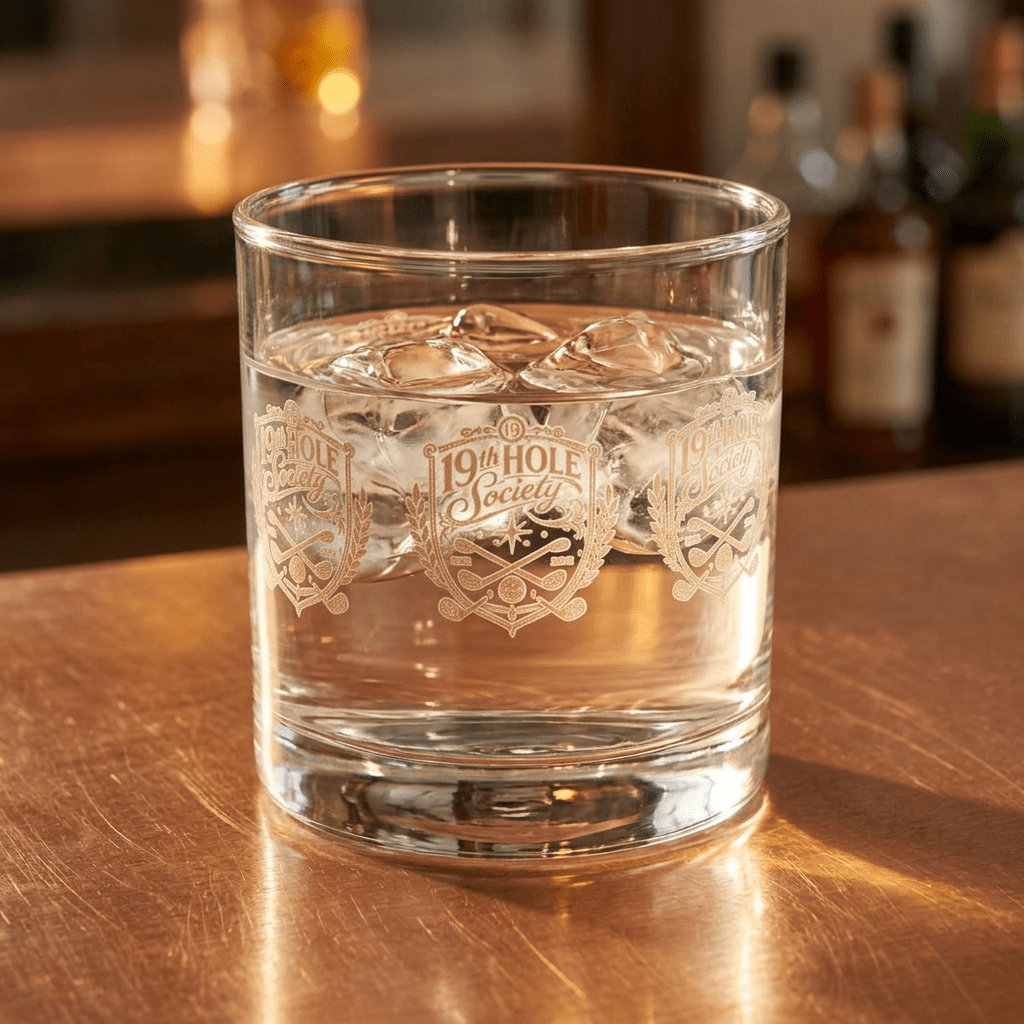 19th Hole Society Golf Glass Tumbler | Premium Clubhouse Drinkware | Cream Crest Design - SJM Print Store