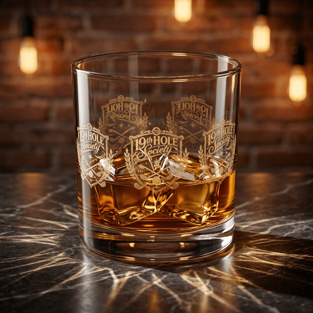 19th Hole Society Golf Glass Tumbler | Premium Clubhouse Drinkware | Cream Crest Design - SJM Print Store