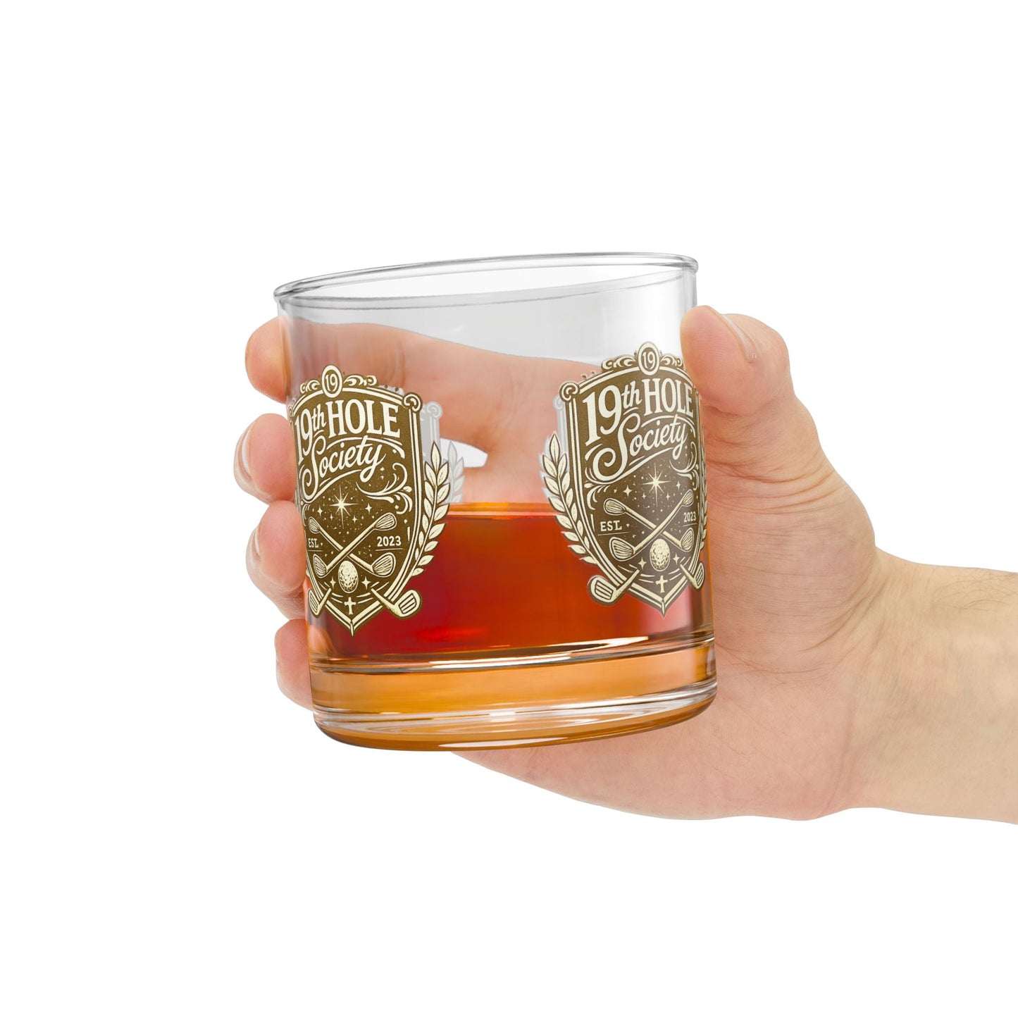 19th Hole Society Golf Glass Tumbler | Premium Golf Whiskey Glass | Repeating Crest Design - SJM Print Store