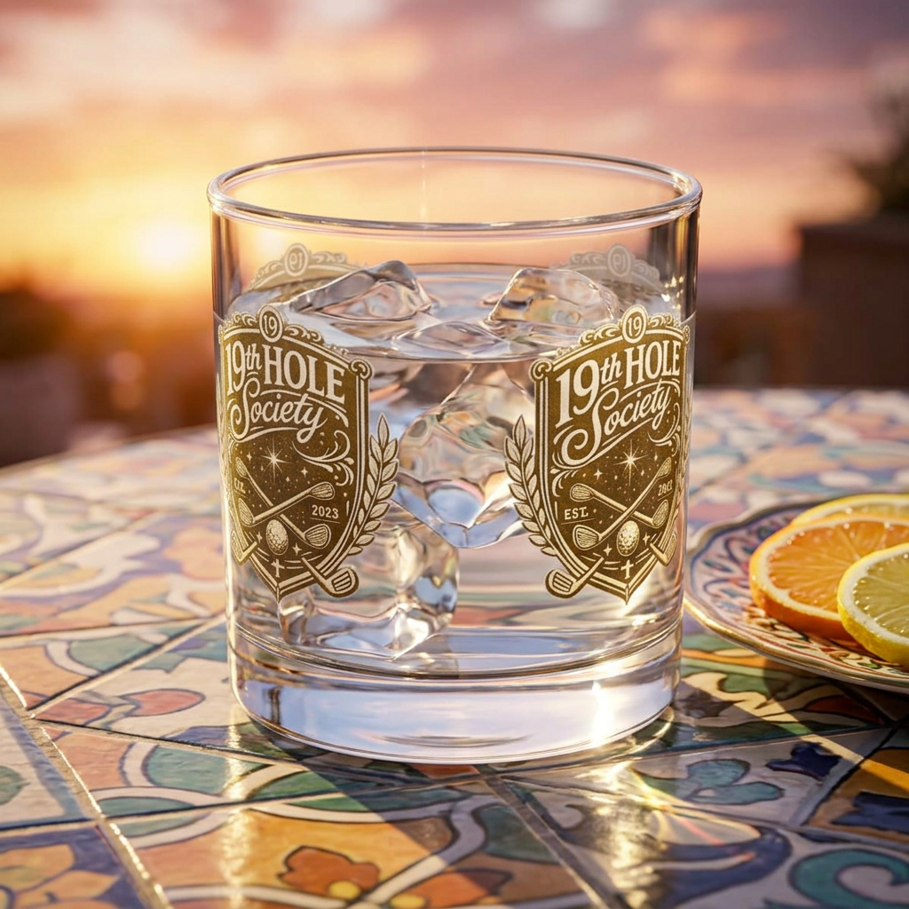 19th Hole Society Golf Glass Tumbler | Premium Golf Whiskey Glass | Repeating Crest Design - SJM Print Store