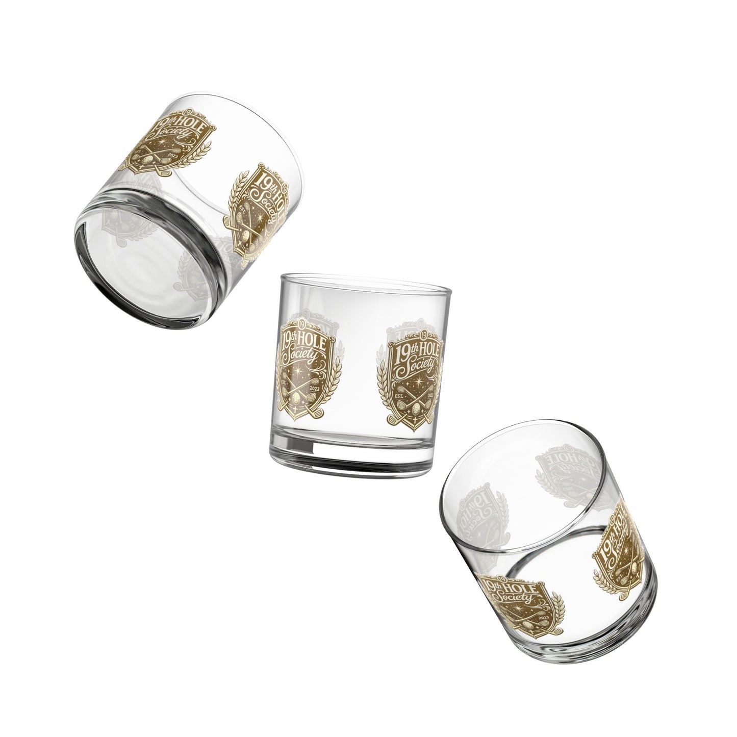 19th Hole Society Golf Glass Tumbler | Premium Golf Whiskey Glass | Repeating Crest Design - SJM Print Store