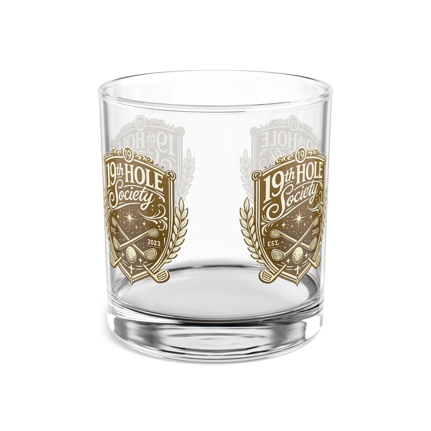 19th Hole Society Golf Glass Tumbler | Premium Golf Whiskey Glass | Repeating Crest Design - SJM Print Store