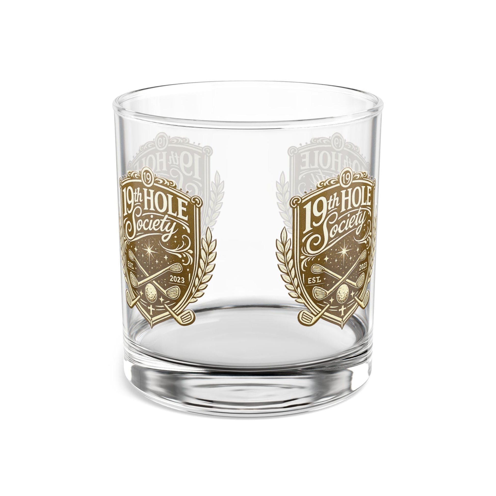 19th Hole Society Golf Glass Tumbler | Premium Golf Whiskey Glass | Repeating Crest Design - SJM Print Store