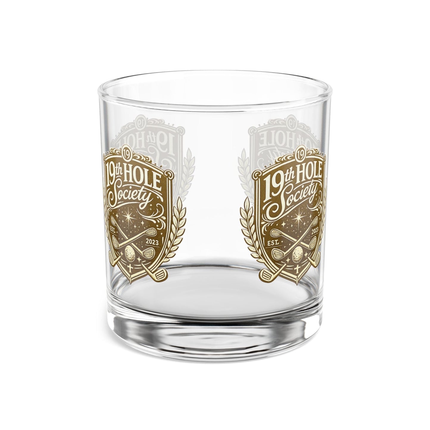 19th Hole Society Golf Glass Tumbler | Premium Golf Whiskey Glass | Repeating Crest Design - SJM Print Store