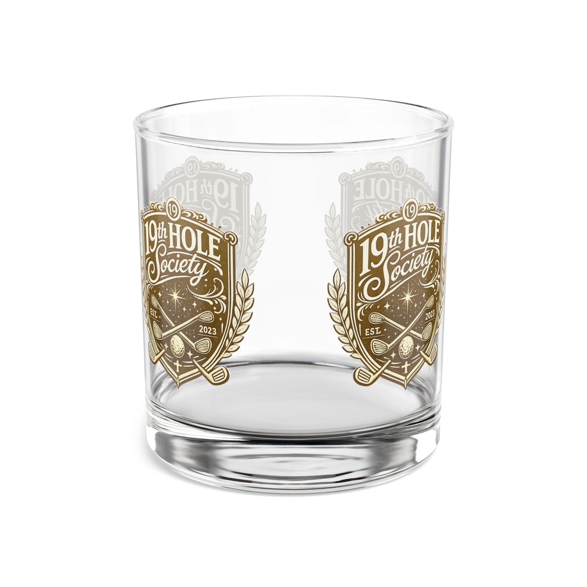 19th Hole Society Golf Glass Tumbler | Premium Golf Whiskey Glass | Repeating Crest Design - SJM Print Store