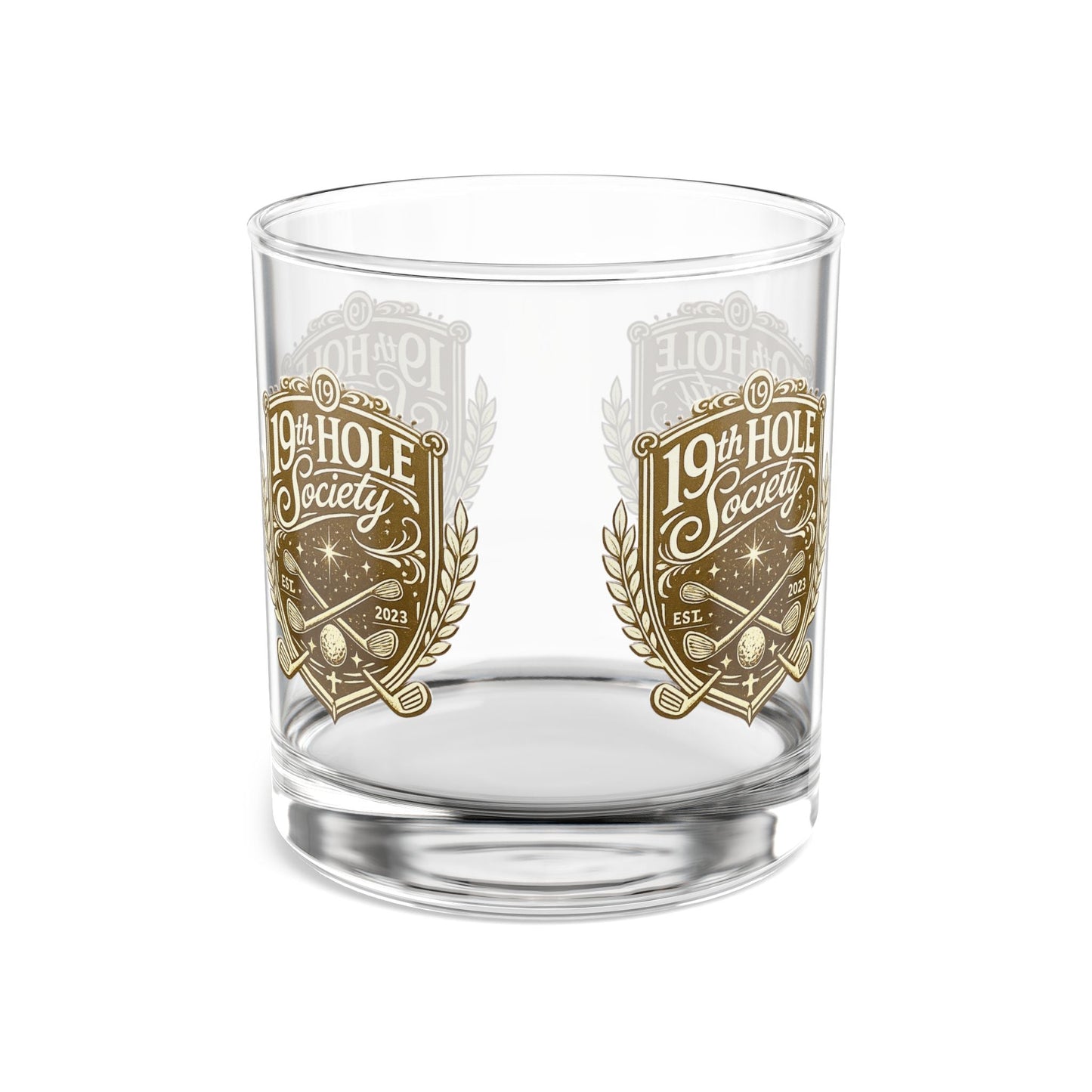 19th Hole Society Golf Glass Tumbler | Premium Golf Whiskey Glass | Repeating Crest Design - SJM Print Store