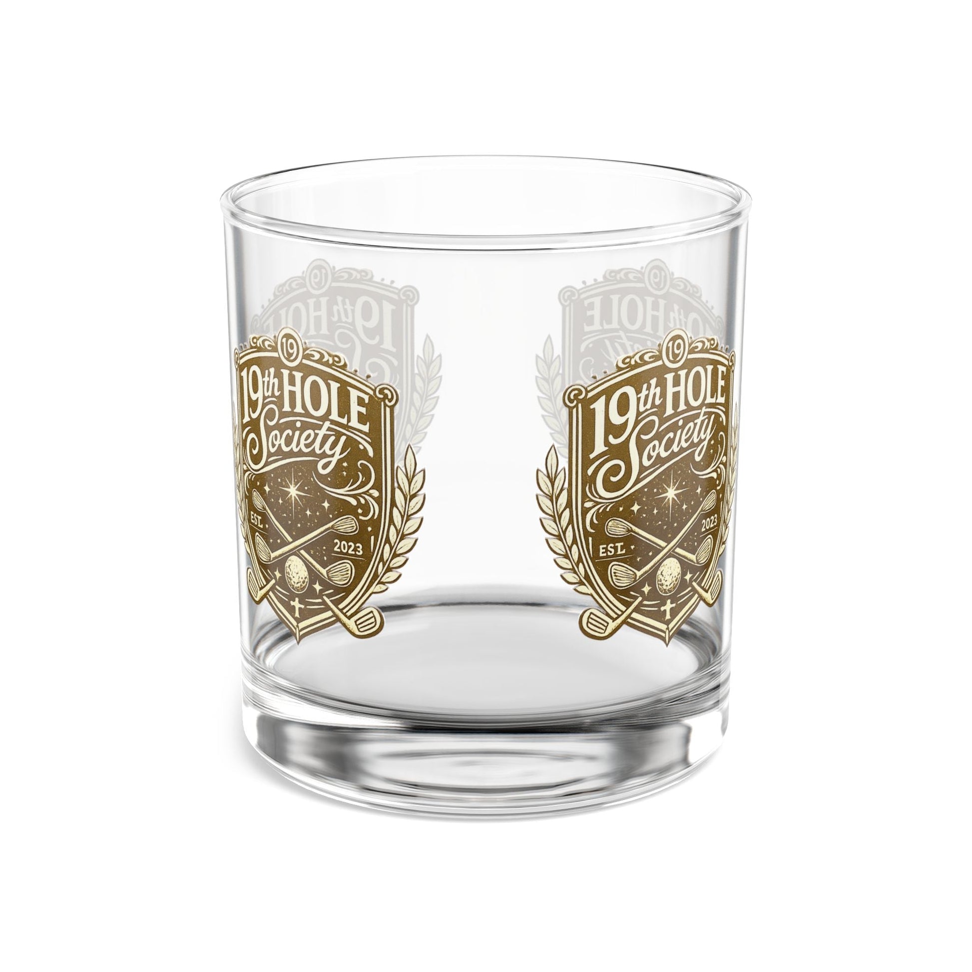 19th Hole Society Golf Glass Tumbler | Premium Golf Whiskey Glass | Repeating Crest Design - SJM Print Store