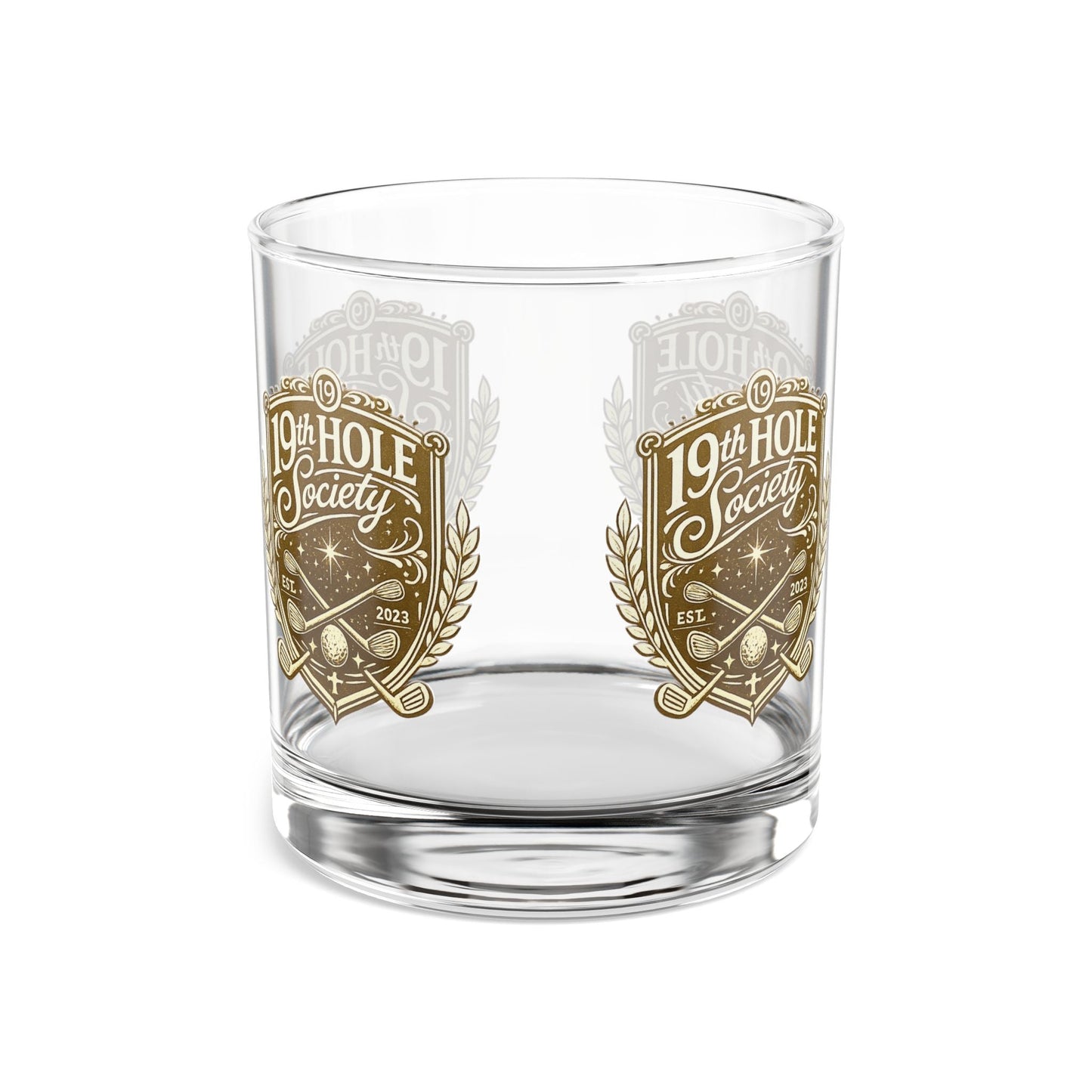 19th Hole Society Golf Glass Tumbler | Premium Golf Whiskey Glass | Repeating Crest Design - SJM Print Store