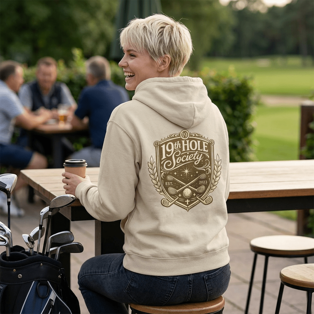 19th Hole Society Golf Hoodie | Premium Club Member Hoodie | Front & Back Crest Design - SJM Print Store