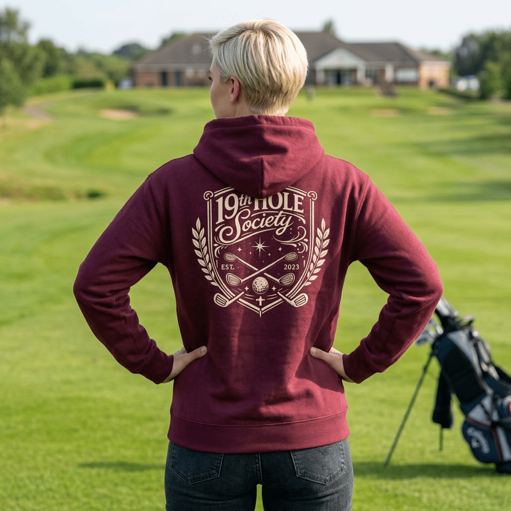 19th Hole Society Golf Hoodie | Vintage Crest Golf Club Hoodie | Premium Front & Back Design - SJM Print Store