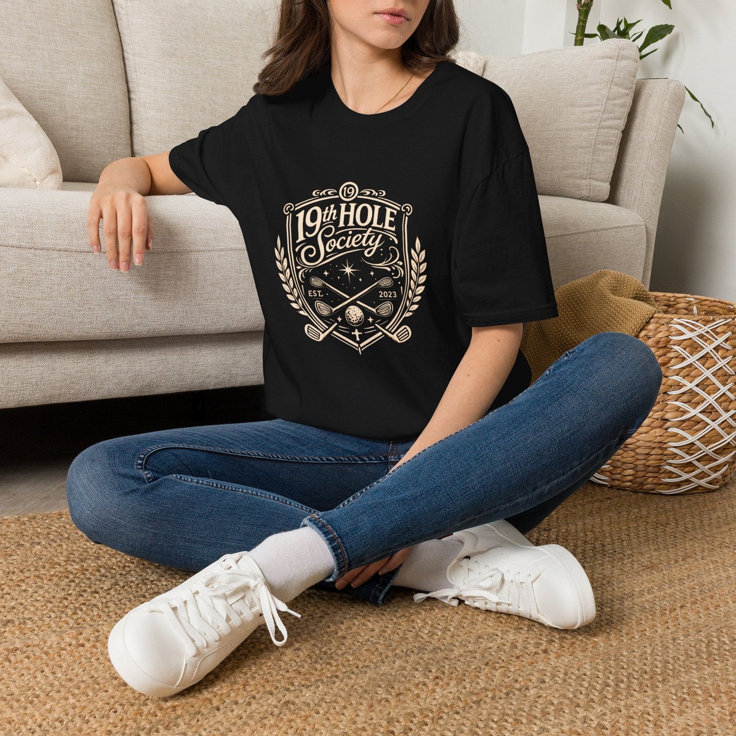 19th Hole Society Golf T-Shirt | Vintage Crest Front Print Tee | Premium Golf Apparel - SJM Print Store