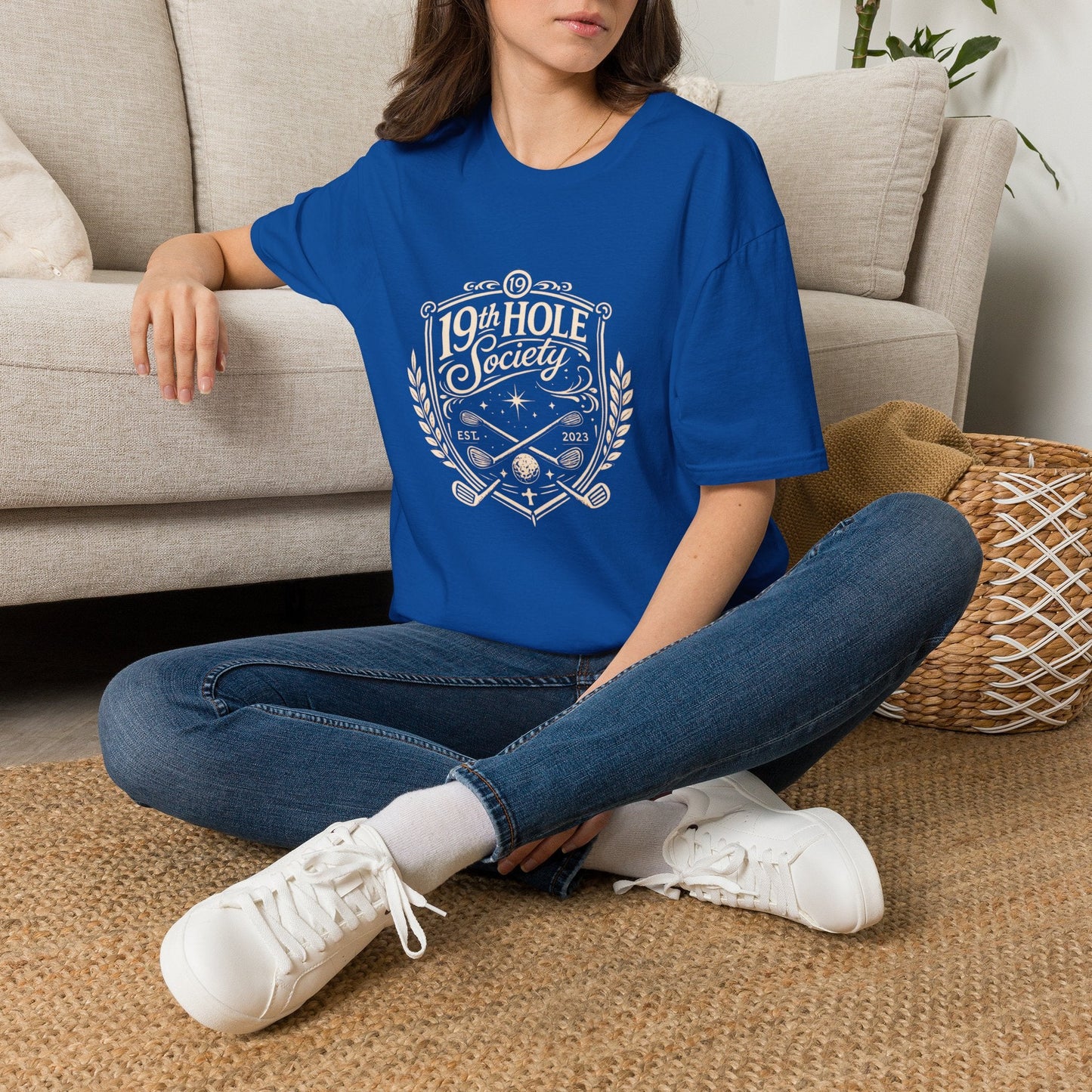 19th Hole Society Golf T-Shirt | Vintage Crest Front Print Tee | Premium Golf Apparel - SJM Print Store