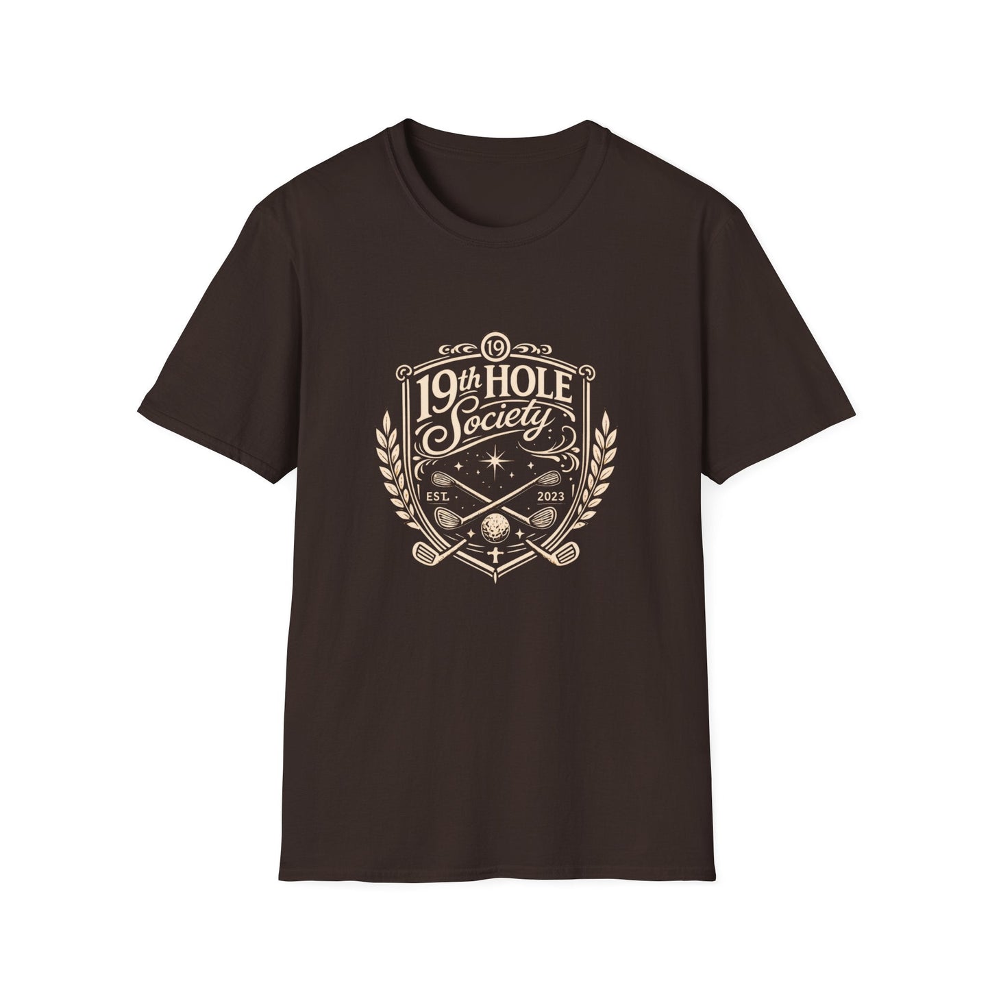 19th Hole Society Golf T-Shirt | Vintage Crest Front Print Tee | Premium Golf Apparel - SJM Print Store