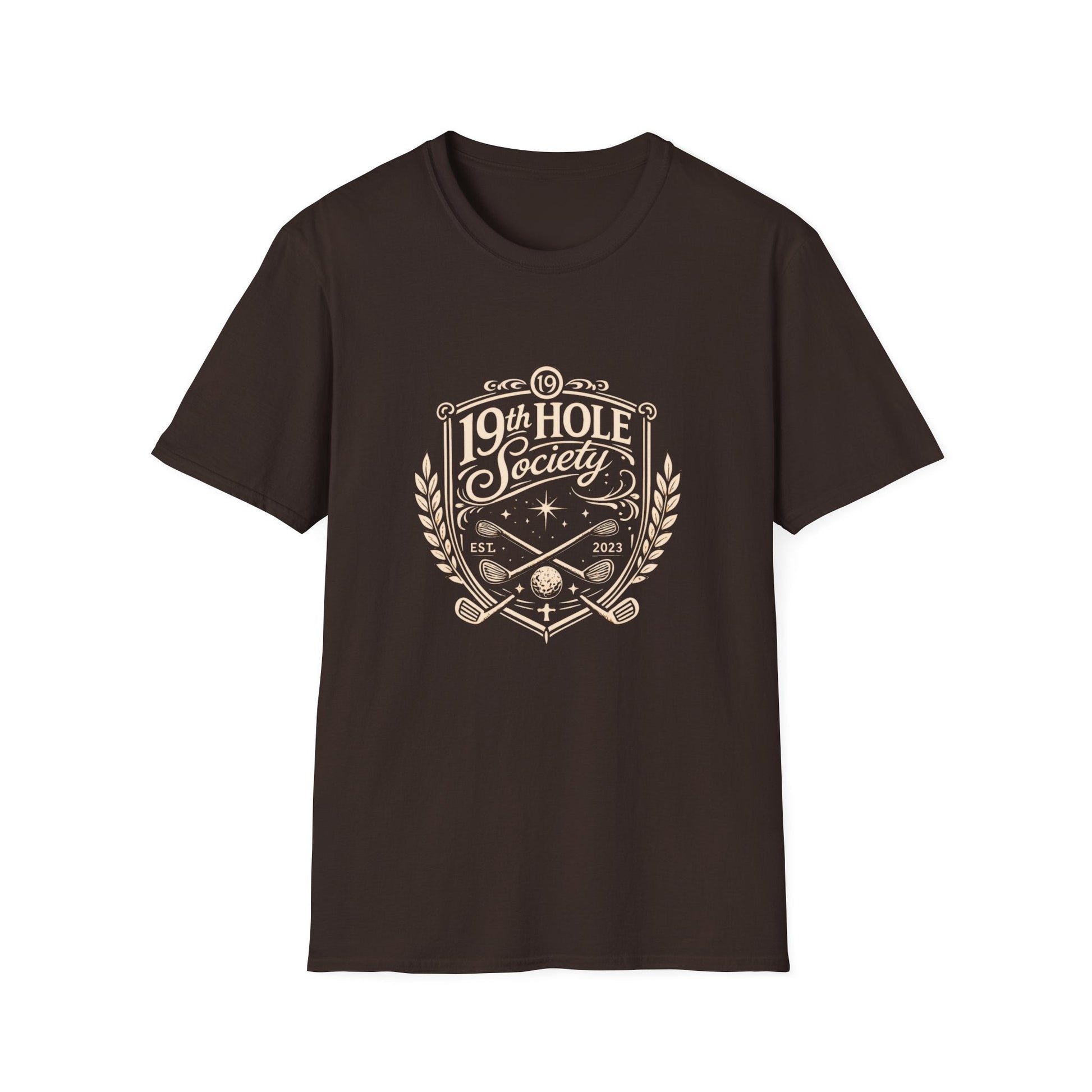 19th Hole Society Golf T-Shirt | Vintage Crest Front Print Tee | Premium Golf Apparel - SJM Print Store