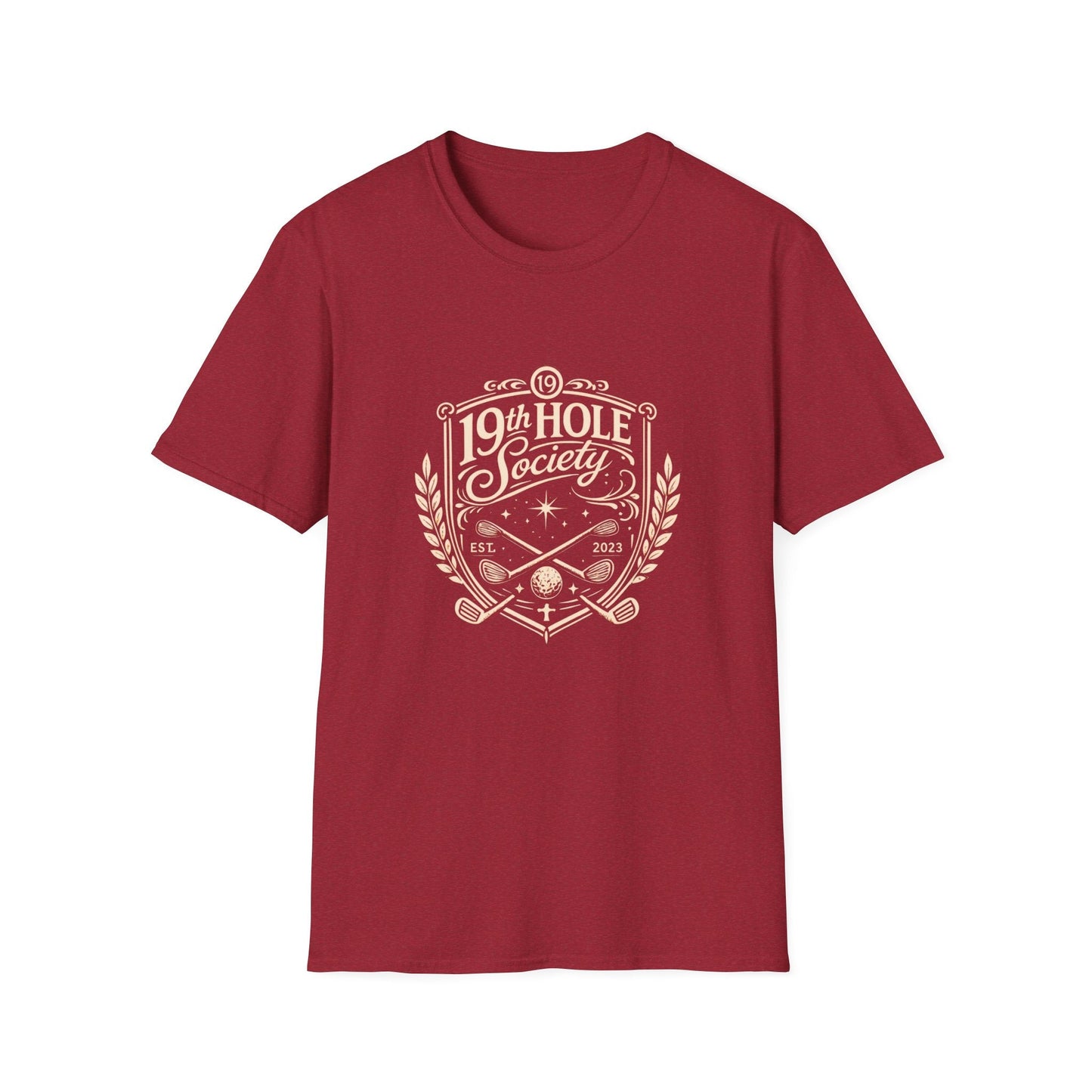 19th Hole Society Golf T-Shirt | Vintage Crest Front Print Tee | Premium Golf Apparel - SJM Print Store
