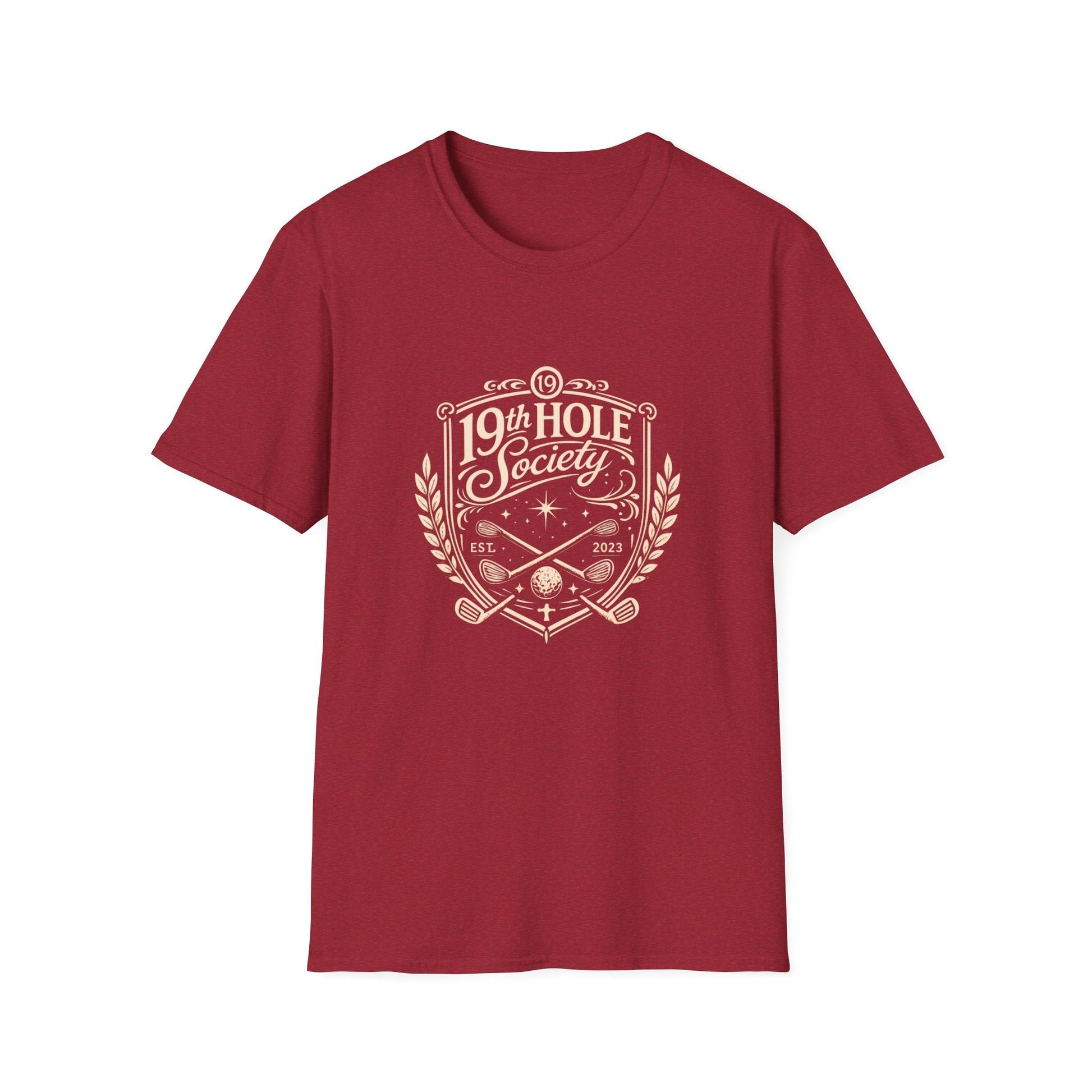 19th Hole Society Golf T-Shirt | Vintage Crest Front Print Tee | Premium Golf Apparel - SJM Print Store