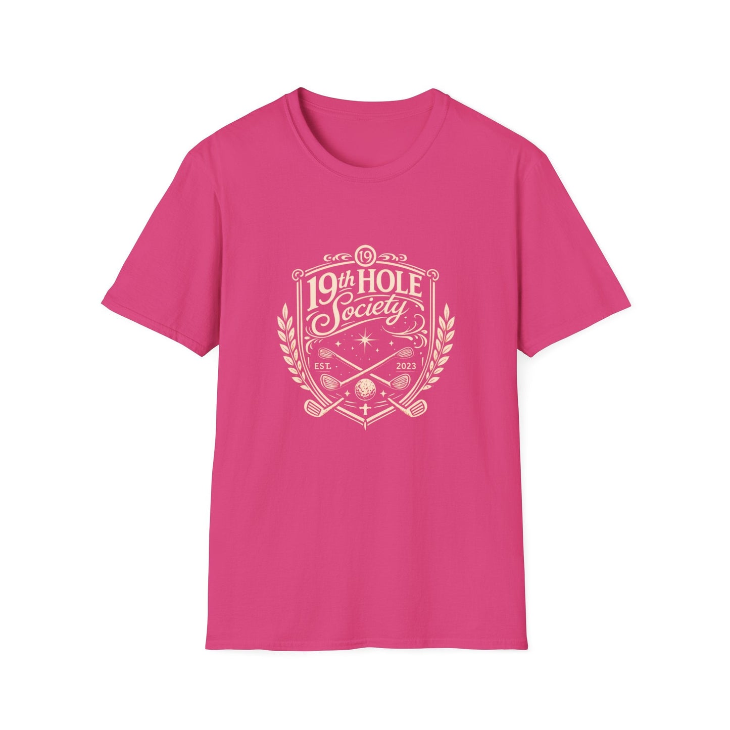 19th Hole Society Golf T-Shirt | Vintage Crest Front Print Tee | Premium Golf Apparel - SJM Print Store