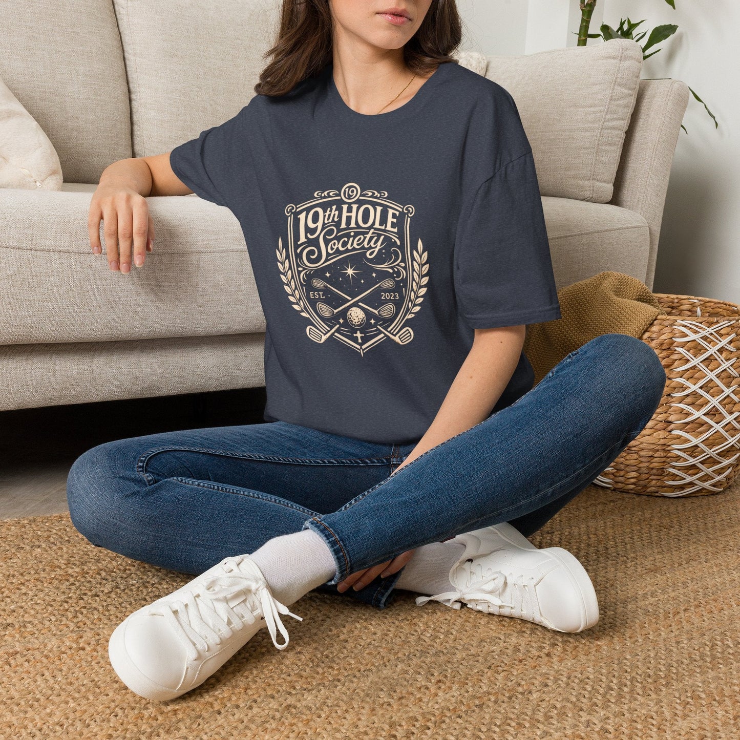 19th Hole Society Golf T-Shirt | Vintage Crest Front Print Tee | Premium Golf Apparel - SJM Print Store